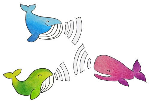 Colorful whales communicating in a network